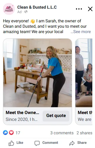 Clean & Dusted Facebook carousel ad introducing the owner