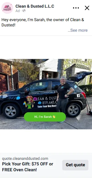 Clean & Dusted Facebook ad with the owner beside the branded company van