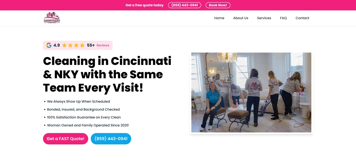 The Clean and Dusted homepage hero: Google review badge, headline, team photo, and two calls to action