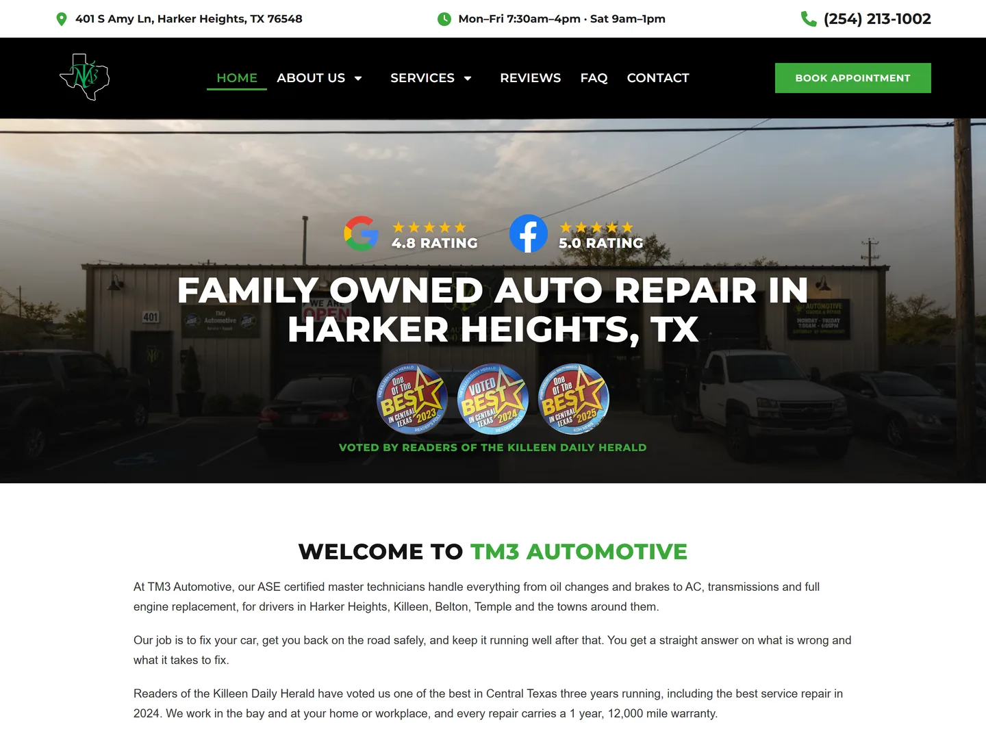 Auto repair shop website homepage on desktop