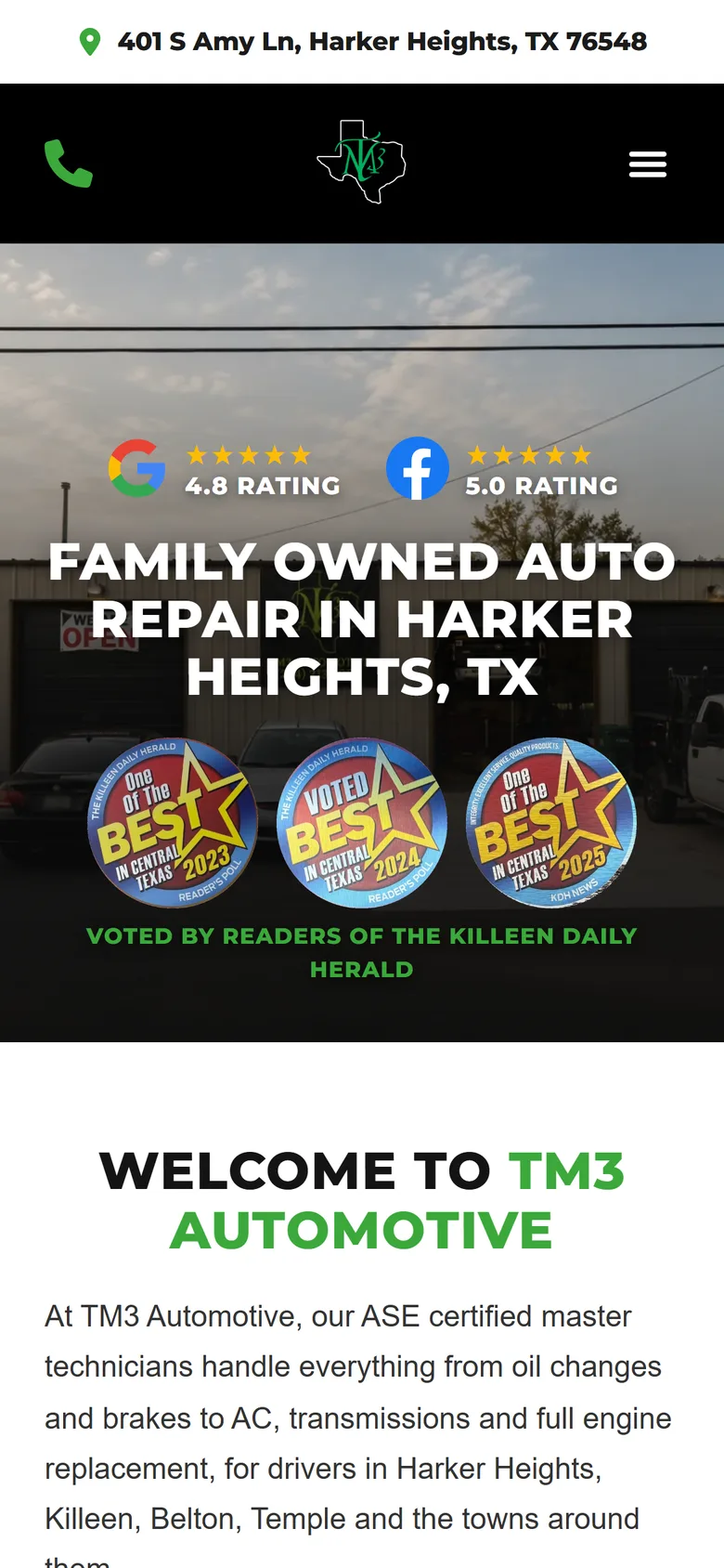 Auto repair shop website homepage on mobile